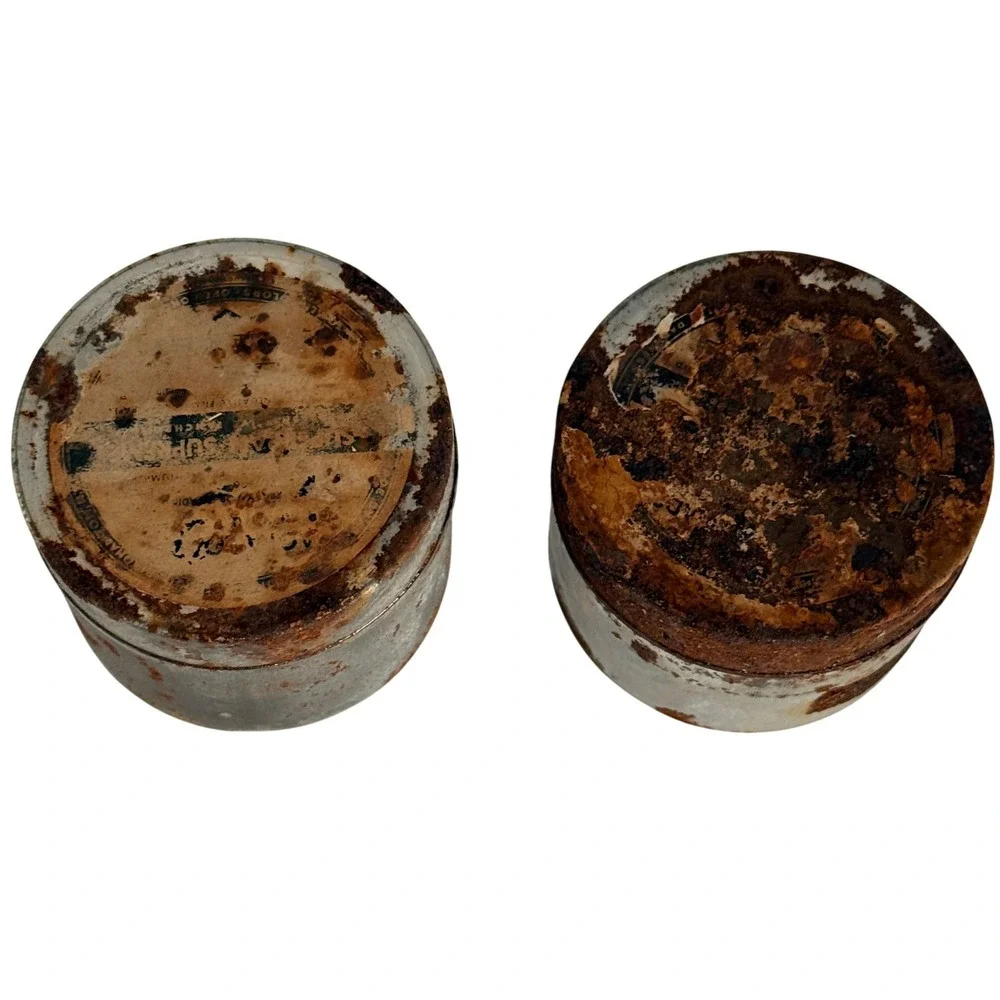 Vintage Industrial Metal Tins Set of 2 Small Round Storage Containers Rusted Tin